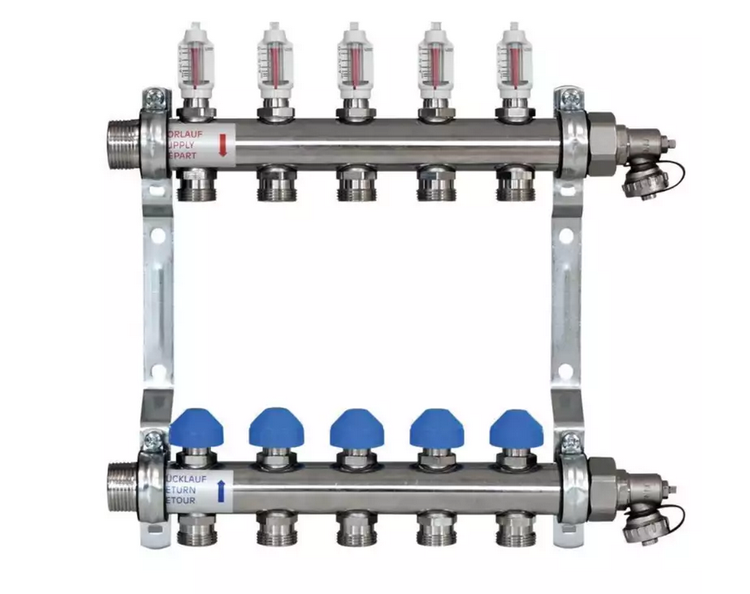 Fussbodenheizung 5-er Heizkreisverteiler/Systemverteiler «Premium», Baulänge 370mm, Einbautiefe 86mm, Edelstahl Zewotherm