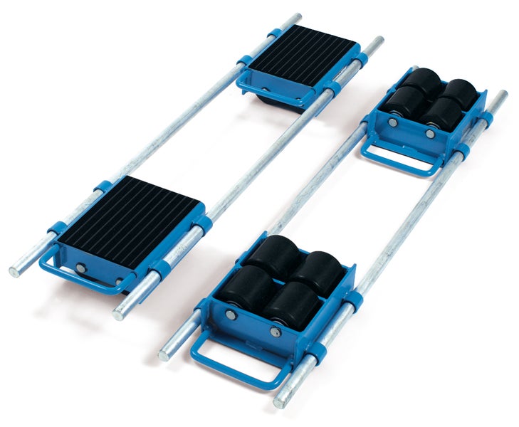 Zwei blaue Lastenroller mit Stahlrohren und schwarzen Rollen