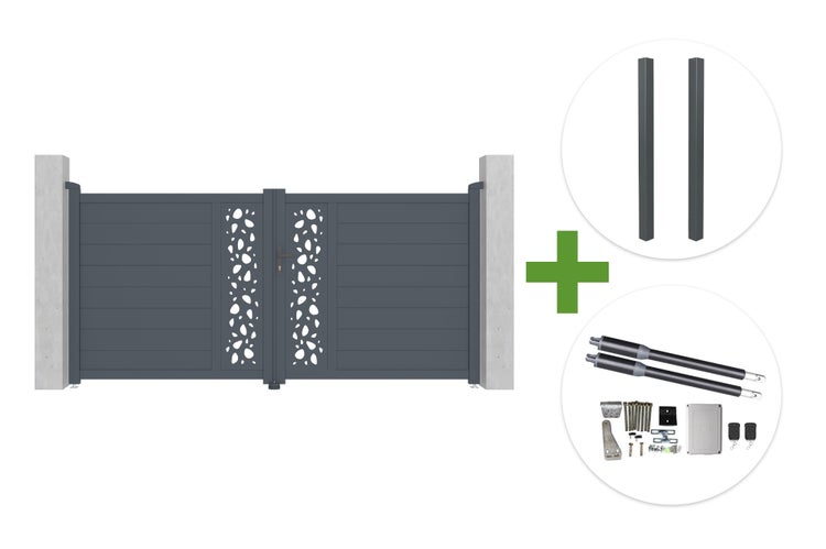 Zweiflügeliges Einfahrtstor mit Dekormuster, inklusive zwei Pfosten und elektrischem Torantrieb-Set mit Fernbedienungen und Montagezubehör.