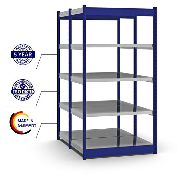 PROREGAL Fachbodenregal Stecksystem Vierkant-Profil Grundregal HxBxT 200 x 102,5 x 60 cm 2x5 Ebenen Doppelseitige Bauart Fachlast 200 kg Enzianblau