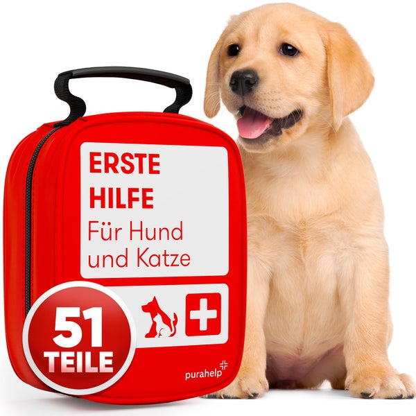 PURAHELP Erste Hilfe Set Hund und Katze - 51 Teile Inkl. Zeckenzange, Pinzette, Tourniquet und vieles mehr - Hunde Erste Hilfe Set Erste Hilfe Hund Hundeapotheke