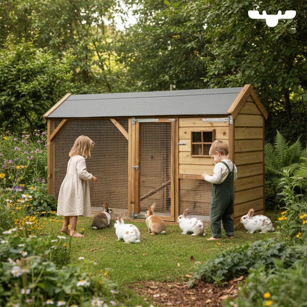 Helles Holz-Kleintiergehege im Garten mit spielenden Kindern und Kaninchen