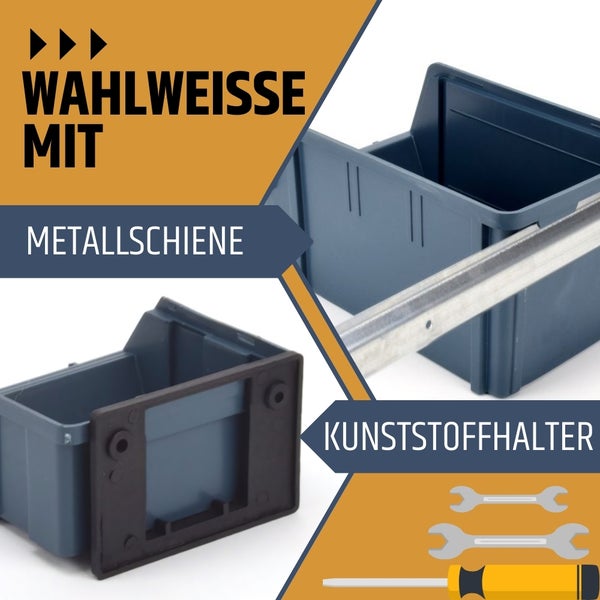 Stapelboxen Schraubenbox Lagerboxen Stapelboxen Werkstatt Sichtlagerboxen klein groß Set Wandhalterung Wand 4x Stapelbox Gr.3 + Metallschiene