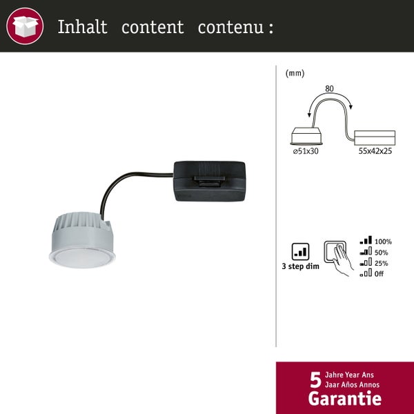 LED Einbaustrahler mit externem Treiber, 3-Stufen-Dimmfunktion und 5 Jahren Garantie. Durchmesser 51 Millimeter, Höhe 30 Millimeter.