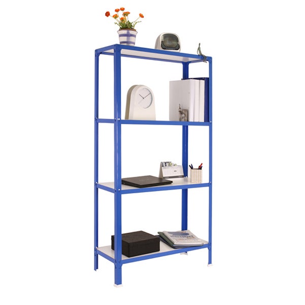 Blaues Metallregal mit vier weißen Fachböden, dekoriert mit Büroartikeln und einer Pflanze.
