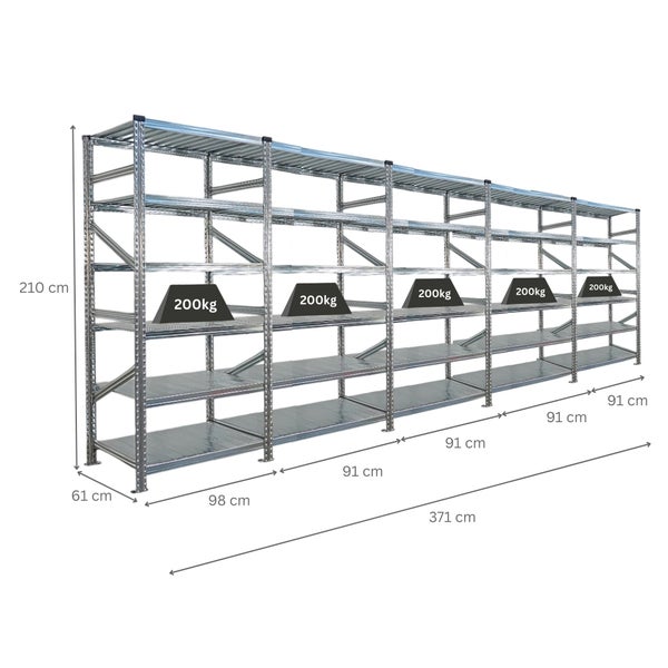 Metallregal mit fünf Ebenen und Maßangaben