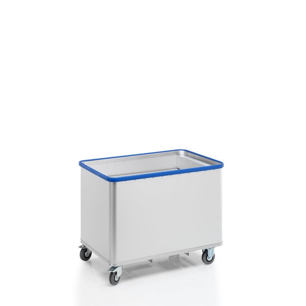 Aluminium-Transportwagen mit vier Lenkrollen und blauem Kantenschutzprofil.