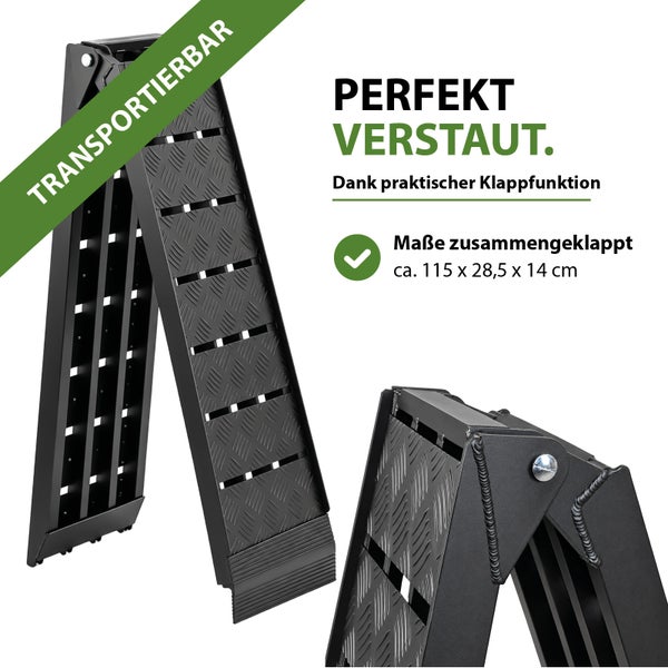 Klappbare Auffahrrampe aus Metall mit rutschfester Oberfläche, zusammengeklappt circa 115 mal 28,5 mal 14 Zentimeter für einfachen Transport.