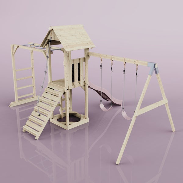 Spielplatz mit Rutsche, Schaukel und Klettergerüst aus Holz