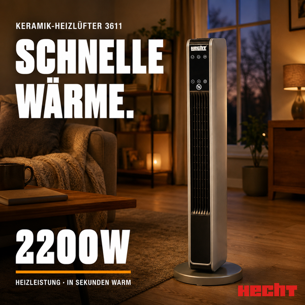 Hecht Keramik-Heizlüfter 3611 mit 2200 Watt Leistung und digitalem Bedienfeld in einem Wohnzimmer mit Sofa und Regal. Hecht Logo.