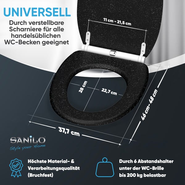 WC-Sitz: Breite 37.7, Länge 46 bis 48, Scharniere 11 bis 21.5 Zentimeter. Bruchfest und belastbar bis 200 Kilogramm. SANILO Logo.