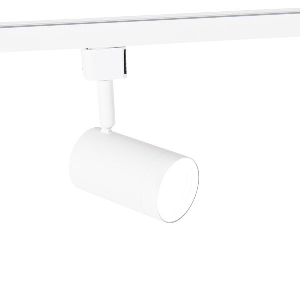 Weißer zylindrischer LED-Strahler für Schienensysteme.