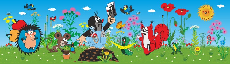 Illustration einer Gartenszene mit Maulwurf und seinen Freunden