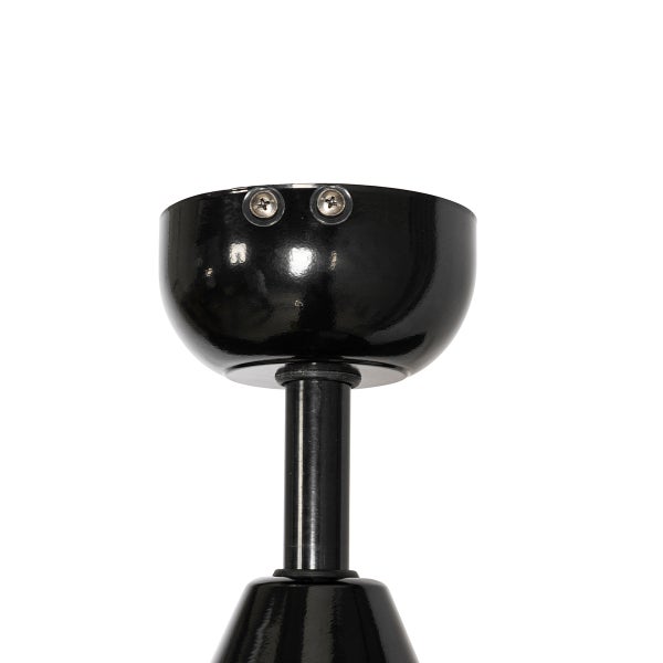 Schwarzer Deckenbaldachin aus Metall mit einer Montagestange und zwei sichtbaren Schrauben.