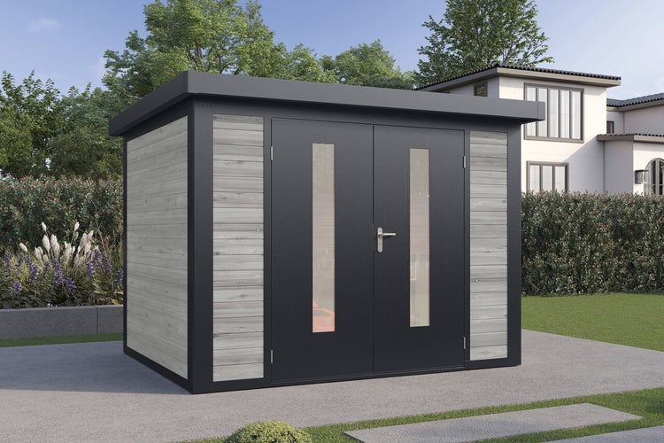 Modernes Gartenhaus mit Flachdach, Doppeltür mit Glaseinsätzen und Holzoptik-Wandelementen im Garten auf einer gepflasterten Fläche.