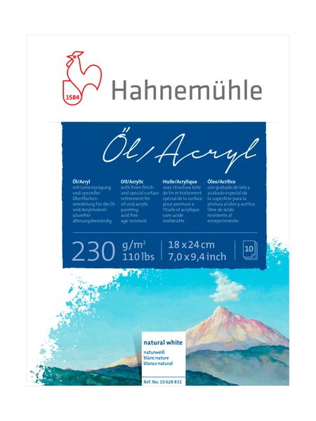 Hahnemühle Malblock Öl und Acryl, 230 Gramm pro Quadratmeter, 18 mal 24 Zentimeter, 10 Blatt, naturweiß, mit Leinenprägung, säurefrei.