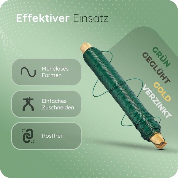 Grüner Wickeldraht auf Holzstab, leicht formbar, einfach zuzuschneiden, rostfrei, geglüht und verzinkt.