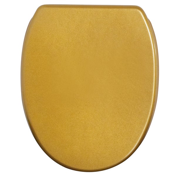 WC-Sitz Deckel in Goldoptik, ovale Form.