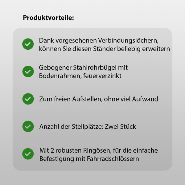 Produktvorteile: Erweiterbarer Fahrradständer mit Stahlrohrbügel, feuerverzinkt, zwei Stellplätze und Ringösen zur Befestigung mit Fahrradschlössern