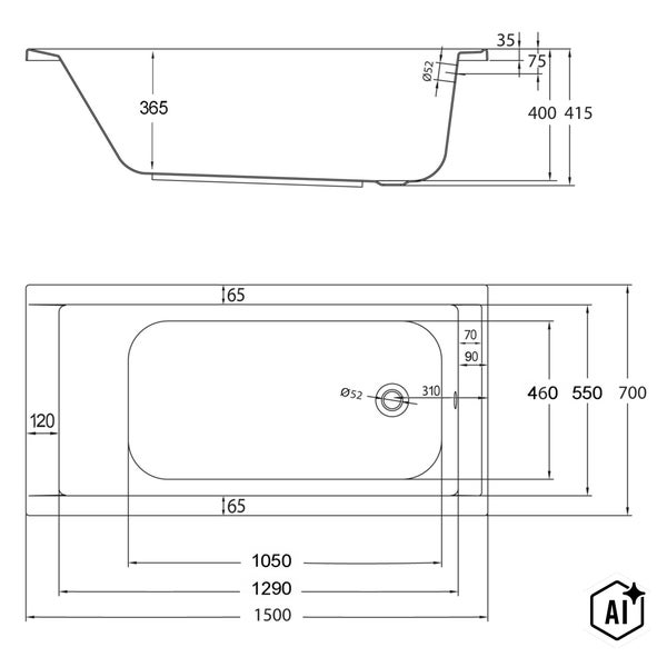 Technische Zeichnung mit Maßangaben für eine Badewanne in der Seiten- und Draufsicht zur Planung im Badezimmer.