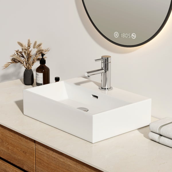 EMKE Aufsatzwaschbecken Keramik 515 x 360 mm, Glänzend Weiß, Mit Hahnloch – Eckiges Waschtisch für Aufsatz- & Wandmontage, für Badezimmer