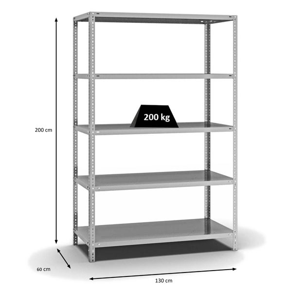 PROREGAL Fachbodenregal Schraubsystem Medium-Duty Grundregal HxBxT 200 x 130 x 60 cm 5 Ebenen Fachlast 200 kg Beidseitig Nutzbar Verzinkt
