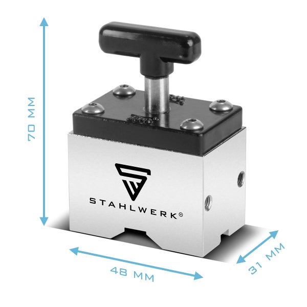 STAHLWERK Magnetschweißwinkel mit den Maßen 70 mm Höhe, 48 mm Länge und 31 mm Breite