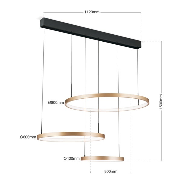 Moderne LED Pendelleuchte mit drei Ringen in verschiedenen Durchmessern und Deckenleiste mit Maßangaben