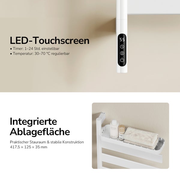 Elektrischer Handtuchheizkörper mit LED-Touchscreen zur Einstellung von Timer und Temperatur sowie einer integrierten Ablagefläche.