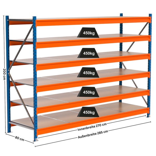 Regal mit fünf Böden, Abmessungen 200 x 80 x 285 cm, Traglast 450 kg pro Boden