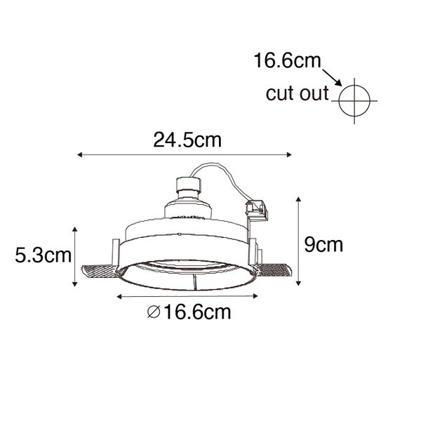 Maßzeichnung einer Einbauleuchte mit einer Breite von 24,5 Zentimeter, einer Höhe von 9 Zentimeter und einem Ausschnitt von 16,6 Zentimeter.