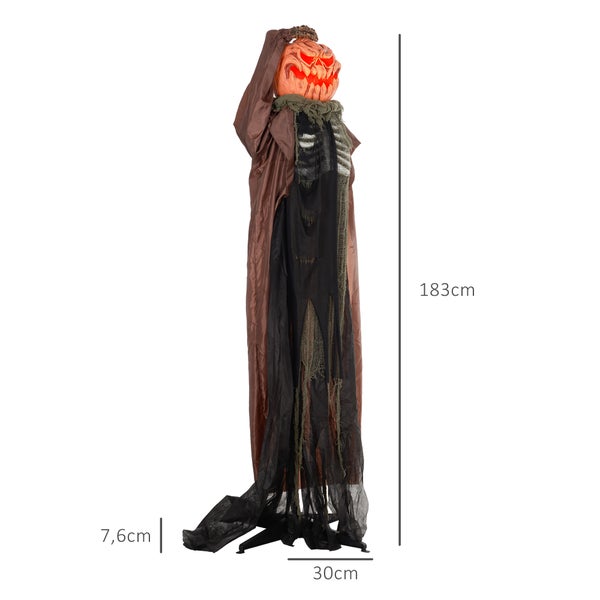 HOMCOM 183cm Halloween Dekoration Skelett-Kürbis mit LED-Lichter, Soundfunktion, Haustür Deko mit verstellbarem Kopf, Garten Dekofigur in Lebensgröße für Party