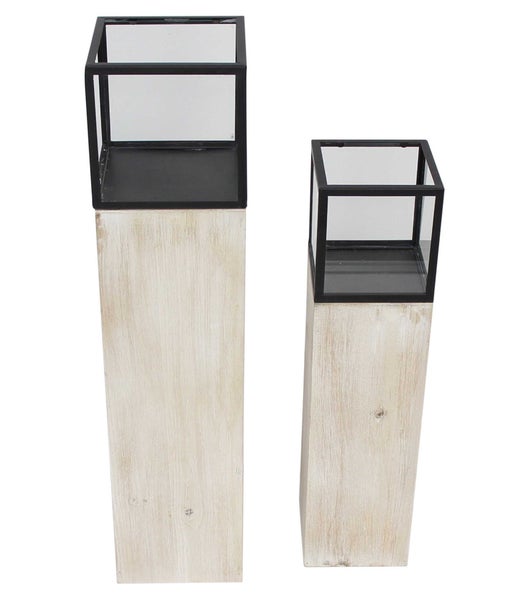 FRANK FLECHTWAREN | Windlichtsäule Modern, 2er Set, METALL, HOLZ, GLAS, 15 x 15 x 60 cm, 18 x 18 x 78 cm