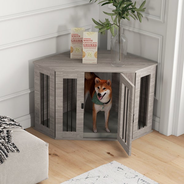 PawHut Hundekäfig, Eckige Hundehütte Hundebox mit Kissen, Hundehaus mit Türriegel, Haustierkäfig für mittelgroße Hunde, Walnuss, 104 x 55 x 63 cm