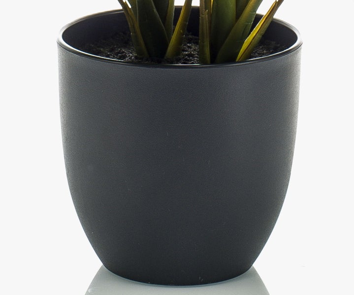 Künstliche Pflanze mit markant geäderten grünen Blättern in einem dunklen Topf.