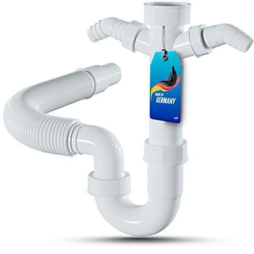 LOBENSWERK Siphon für Küchenspüle mit flexiblem Ablaufschlauch - 100% Wasserdicht - Röhrensiphon mit zwei Geräteanschlüssen + Anschlussdichtungen