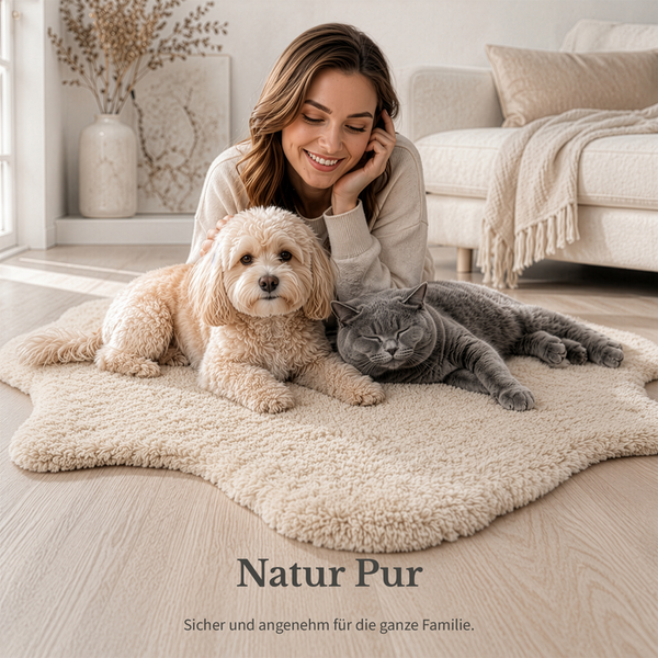 Eine Frau, ein kleiner Hund und eine Katze entspannen auf einem beigen, flauschigen Teppich in Lammfell-Optik auf hellem Holzboden im Wohnzimmer.