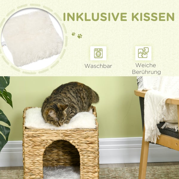 Katze auf Katzenhaus aus Korb mit Kissen. Waschbar. Weiche Berührung.