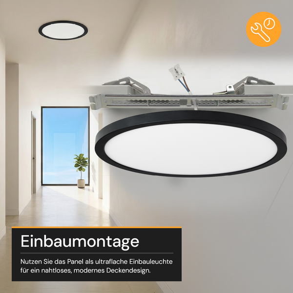 Rundes, ultraflaches LED-Panel zur Einbaumontage in einem hellen Flur mit Symbol für einfache Montage.