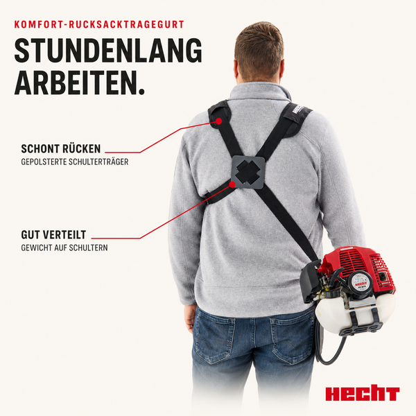 Hecht Komfort-Rucksacktragegurt für Motorgeräte, gepolsterte Schulterträger zur Gewichtsverteilung auf dem Rücken, Hecht Logo.