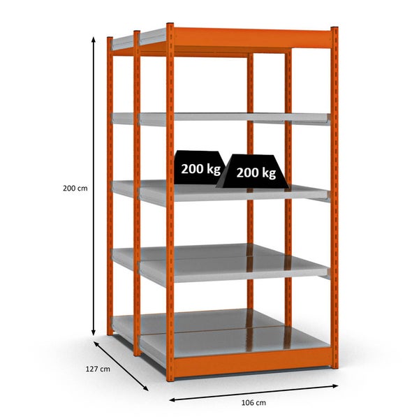 PROREGAL Fachbodenregal Stecksystem Vierkant-Profil Grundregal HxBxT 200 x 102,5 x 60 cm 2x5 Ebenen Doppelseitige Bauart Fachlast 200 kg Orange