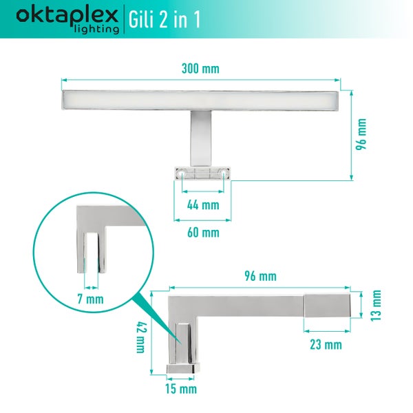 LED Spiegellampe 30cm 2in1 Montage 6500K Kaltweiß 5W 350lm Chrom Bad Spiegelleuchte