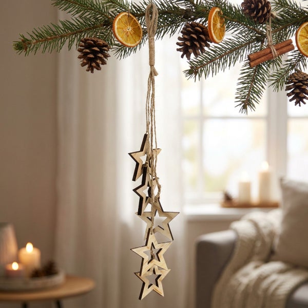 Hängende Dekoration aus Holzsternen an einem Tannenzweig mit Orangenscheiben, Tannenzapfen und Zimtstangen als weihnachtliche Dekoration.