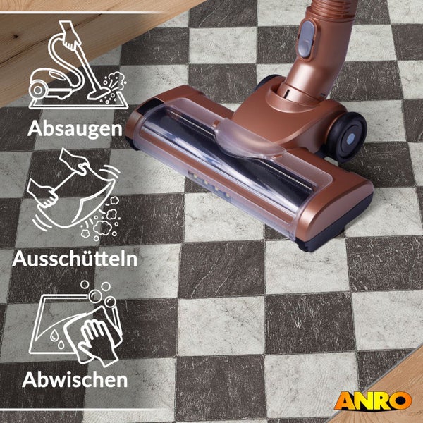 Pflegehinweise für ANRO Bodenmatte mit Symbolen für Absaugen, Ausschütteln und Abwischen. Staubsauger auf karierter Matte. ANRO Logo.