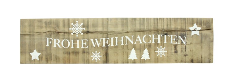 Dekoratives Holzschild mit dem Schriftzug Frohe Weihnachten, Sternen, Schneeflocken und Weihnachtsbäumen für festliche Dekorationen.