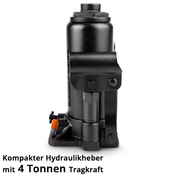 Kompakter hydraulischer Stempelwagenheber aus Stahl mit einer Tragkraft von 4 Tonnen.