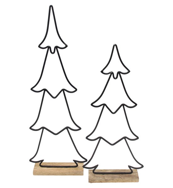 Zwei Tannenbaum Deko-Figuren aus Metalldraht auf rechteckigen Holzsockeln zur weihnachtlichen Tischdekoration.