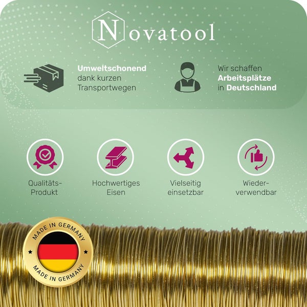 Novatool Logo, Draht: umweltschonender Transport, Jobs in Deutschland, Qualität, Eisen, vielseitig, wiederverwendbar, Siegel Made in Germany.