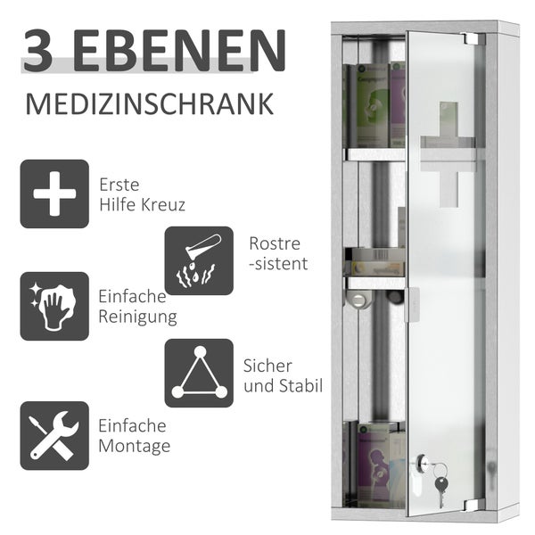 kleankin Medizinschrank Arzneischrank Erste-Hilfe-Schrank mit Schloss 3 Fächer Mattglas 430 Edelstahl+gehärtete Glastür Silber 20 x 12 x 58 cm