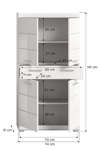 Weißer Hochschrank mit vier Türen und einer Schublade. Maße: Höhe 141, Breite 74, Tiefe 31 Zentimeter. Inklusive Detailmaßen der Innenfächer.